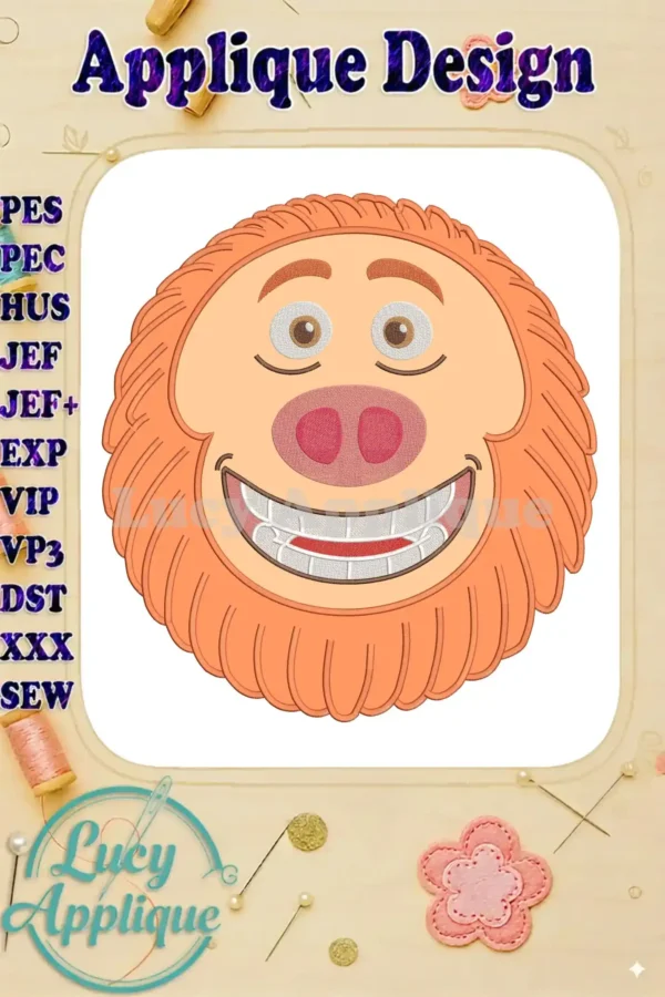 Close-up of Mr. Link's smiling face applique embroidery design, featuring his orange fur, brown eyes, and wide grin.