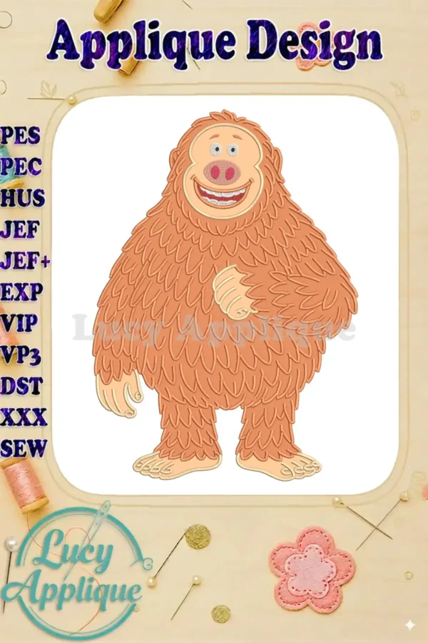 An adorable applique embroidery design of Link, the friendly Sasquatch character from the movie Missing Link.
