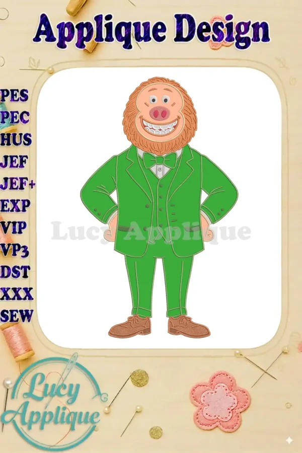 Full-body applique embroidery of Mr. Link from 'Missing Link' in a dapper green suit, white shirt, and bow tie.