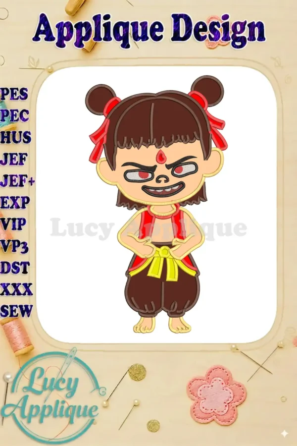Fierce Ne Zha applique embroidery design with red ribbons, a gem, and dynamic expression, ready for any project.