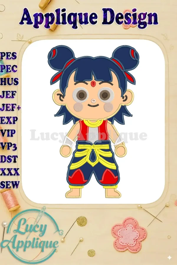 A vibrant Ne Zha 2 applique embroidery design, featuring the iconic character in dynamic pose and vivid colors.