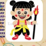 Ne Zha 2 Applique embroidery designs, cartoon character holding fiery spear - Instant Download