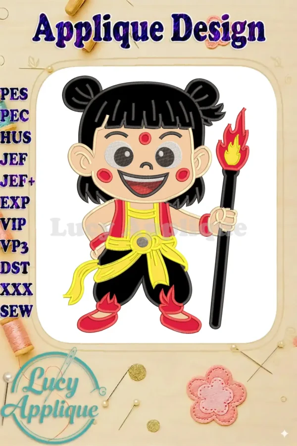 A vibrant Ne Zha 2 applique embroidery design featuring the playful hero with a fiery spear.