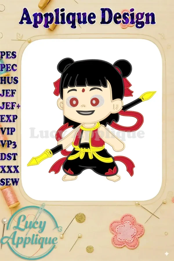 Colorful Ne Zha 2 applique design featuring the mythological hero in battle stance with his iconic spear.