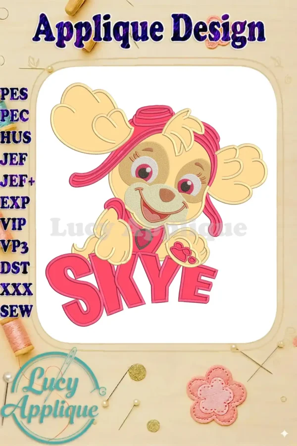 Skye from Paw Patrol The Dino Movie applique embroidery, featuring her name in bold pink lettering with vibrant details.