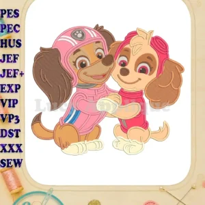 Close-up of Paw Patrol's Skye and a fellow pup, both in pink aviator gear, sharing a warm embrace in a vibrant applique design.