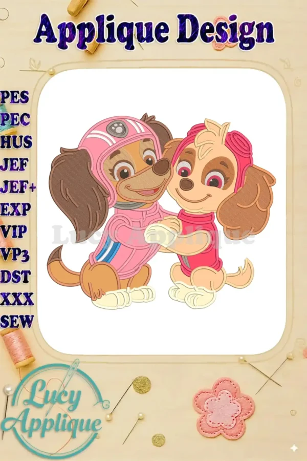 Close-up of Paw Patrol's Skye and a fellow pup, both in pink aviator gear, sharing a warm embrace in a vibrant applique design.