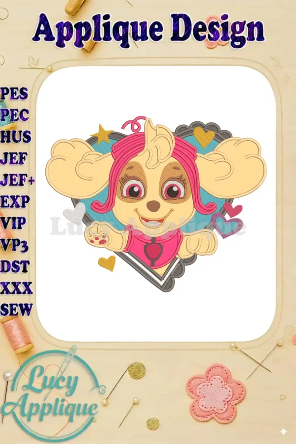 A vibrant Paw Patrol Skye applique design, featuring her in a heart-shaped frame with various small hearts and a star, perfect for fans.