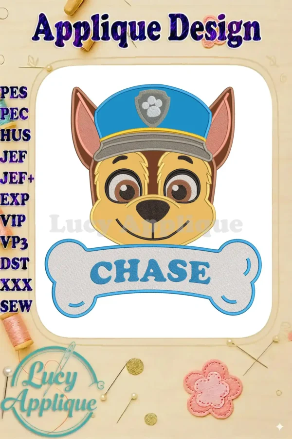 Detailed applique of Paw Patrol's Chase, smiling in his police hat, holding a "CHASE" bone. Perfect for fans.