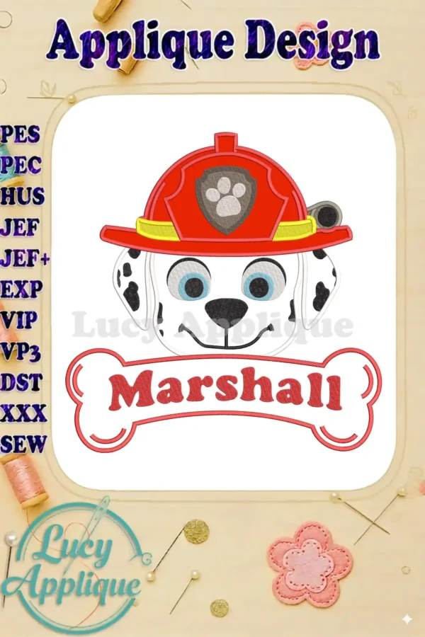 Vibrant Marshall from Paw Patrol The Dino Movie applique design, featuring his firefighter helmet and name banner.