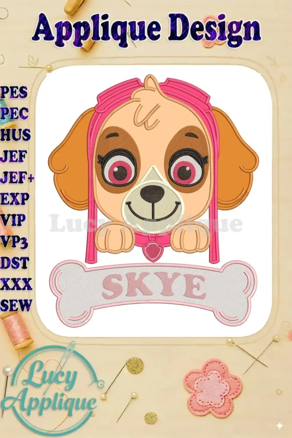 Vibrant Skye Paw Patrol applique embroidery design peeking over a bone with 'SKYE' in pink lettering. Features detailed stitching and bright colors.