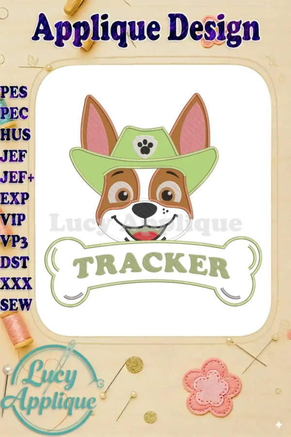 A vibrant Paw Patrol Tracker applique embroidery design featuring the character's head, green hat, and a bone with "TRACKER".