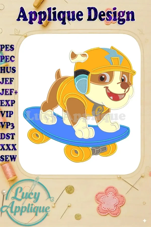 Vibrant Paw Patrol Rubble applique design from The Dino Movie, featuring Rubble on a blue skateboard, ready for adventure.