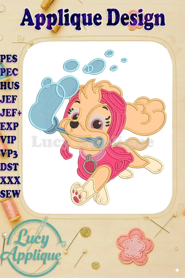 Vibrant Paw Patrol Skye applique design, ready for underwater adventures from The Dino Movie. Perfect for kids' apparel.