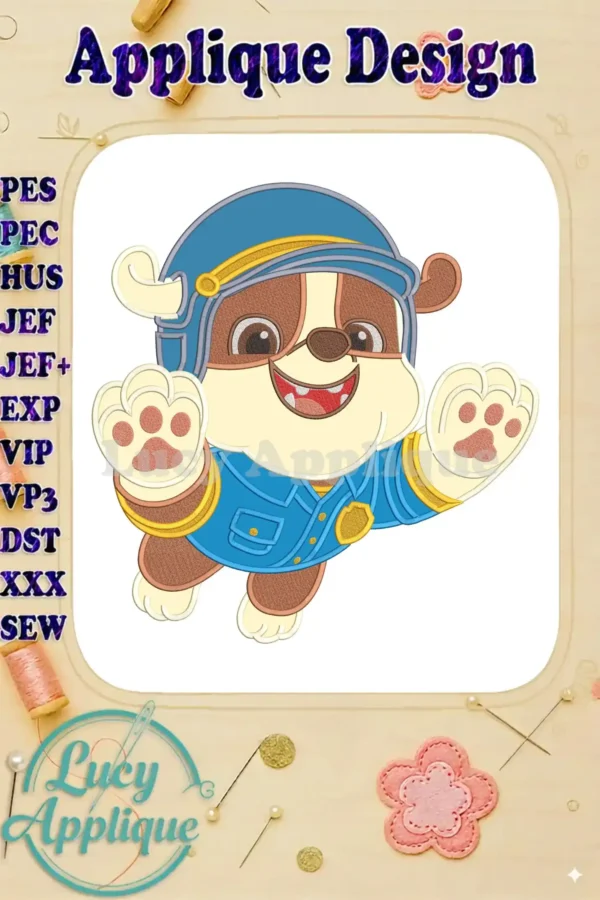 Enthusiastic Rubble Paw Patrol applique design, ready for adventure in his blue uniform and helmet. Perfect for fans!