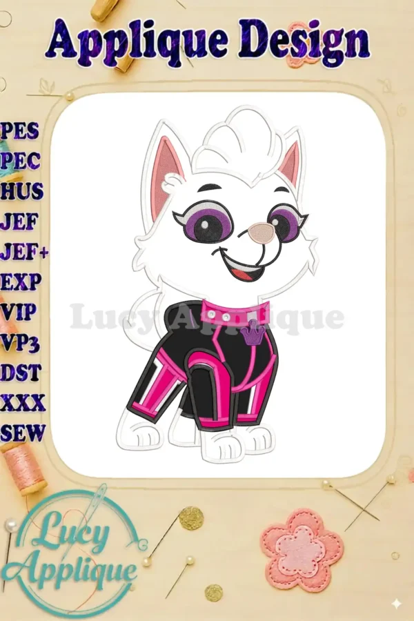 A delightful applique embroidery design featuring Liberty from Paw Patrol The Dino Movie, vibrant and detailed.