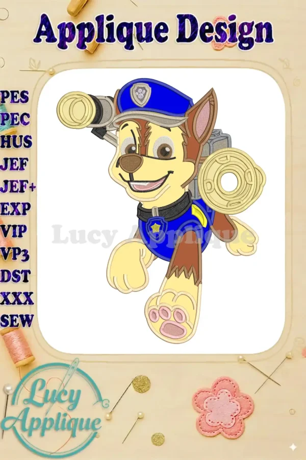 Dynamic Paw Patrol Chase applique embroidery design, featuring him in action with his spy gear and binoculars.