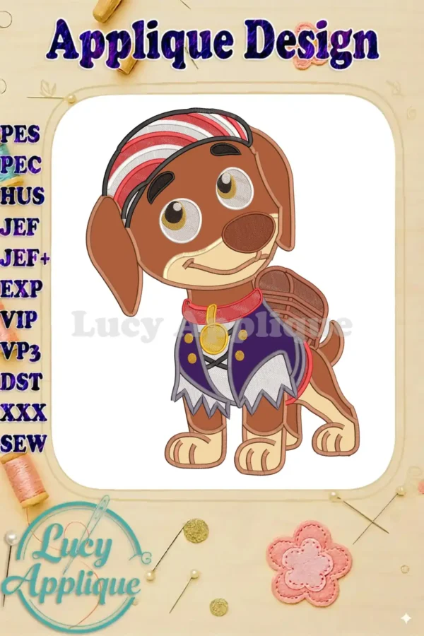 Vibrant Tracker from Paw Patrol The Dino Movie applique embroidery, dressed as a pirate, ready for adventure.