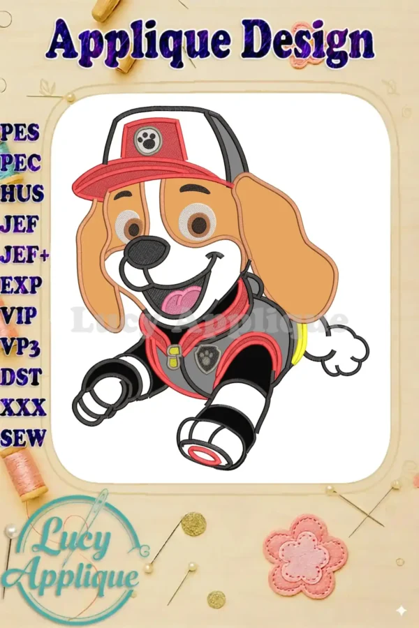 Dynamic Paw Patrol Dino Movie Marshall applique design, featuring vibrant colors and detailed stitching, ready for any project.