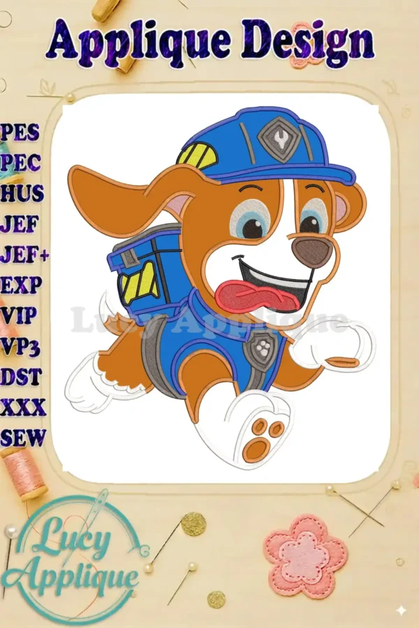 Vibrant applique embroidery design of Rubble from Paw Patrol The Dino Movie, joyfully running in his blue uniform.