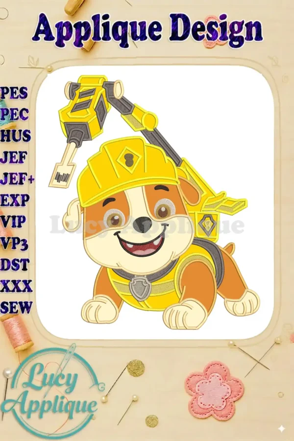 A colorful digital embroidery design of Rubble from Paw Patrol: The Dino Movie, featuring his construction gear.