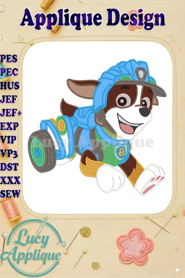 Vibrant Paw Patrol The Dino Movie Rocky applique embroidery design featuring Rocky in blue dino gear, running joyfully.