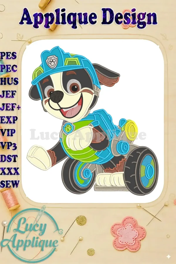 A dynamic applique embroidery design of Rubble from Paw Patrol The Dino Movie, ready for adventure.