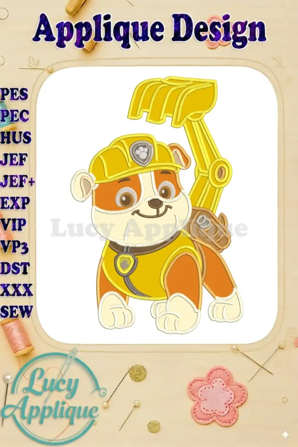 Vibrant applique embroidery design featuring Rubble from Paw Patrol The Dino Movie, ready for adventure in his iconic gear.