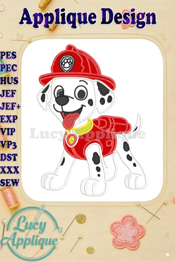 Vibrant applique embroidery of Marshall from Paw Patrol: The Dino Movie, showcasing his iconic firefighter uniform.