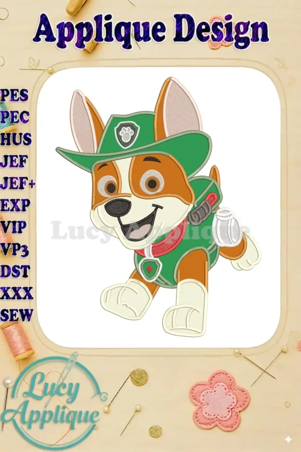 Vibrant applique embroidery of Tracker from Paw Patrol The Dino Movie, showcasing his green ranger outfit and cheerful smile.