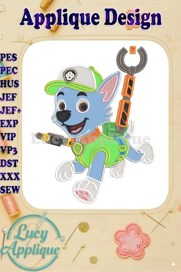 A vibrant applique embroidery design featuring Rocky from Paw Patrol The Dino Movie, ready for adventure.