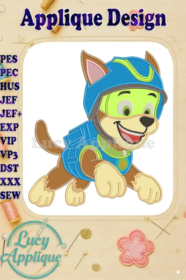 Dynamic Paw Patrol Chase applique embroidery design, featuring him in his blue and lime green Dino Movie suit.