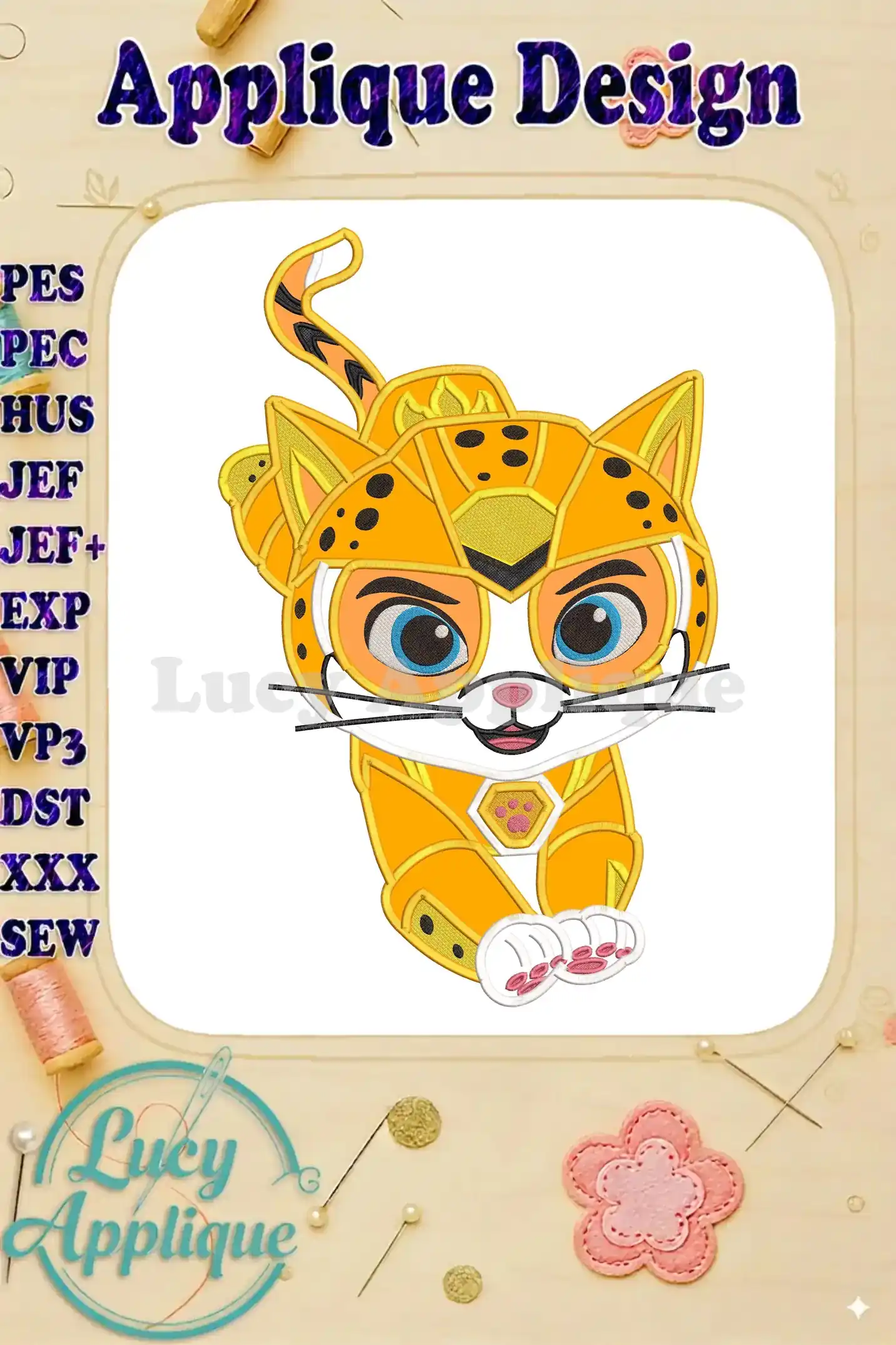 Vibrant Wild Cat applique embroidery design from Paw Patrol The Dino Movie, showcasing heroic detail and bright colors.