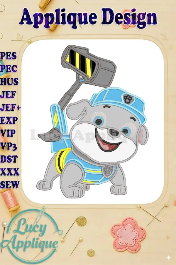 A cheerful Rubble from Paw Patrol: The Dino Movie, wearing a blue helmet and yellow construction gear.