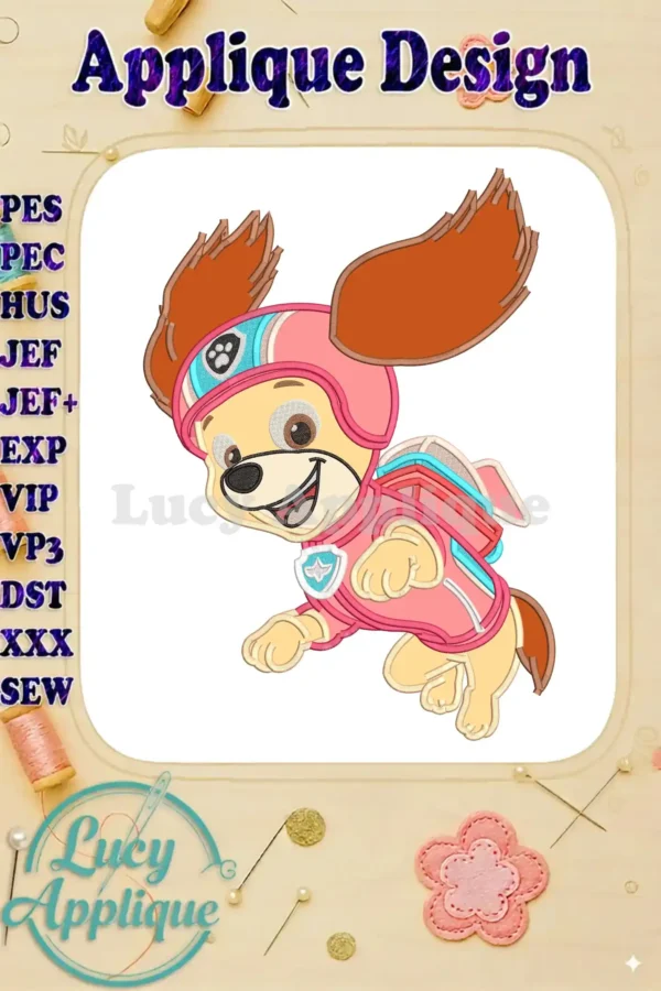 Vibrant Skye applique embroidery, Paw Patrol The Dino Movie theme, showcasing her pilot gear and joyful flight.