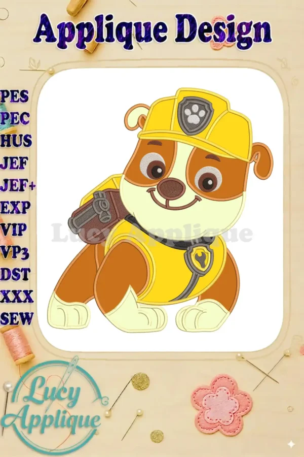 A cheerful Rubble from Paw Patrol The Dino Movie, in yellow construction gear, rendered as a detailed applique embroidery design.