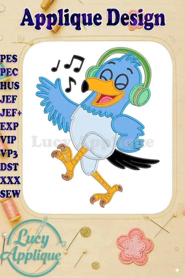 Pierre the Pigeon-Hawk applique design, a blue bird character wearing green headphones, dancing with musical notes.
