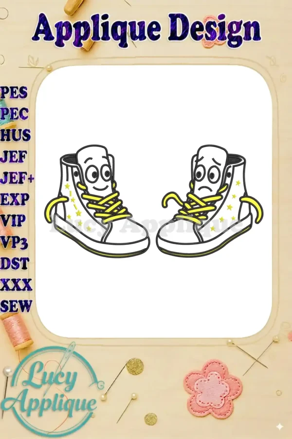 Two cartoon high-top sneakers, one happy and one sad, with yellow laces and stars, an applique design.