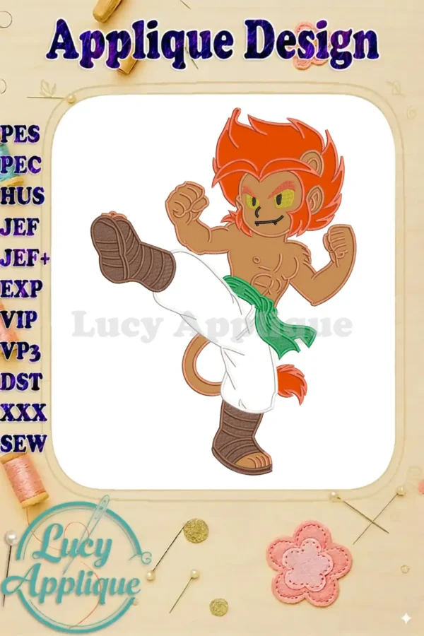 A vibrant applique embroidery design of a legendary monkey warrior in a dynamic high-kick pose, featuring orange fur and green sash.