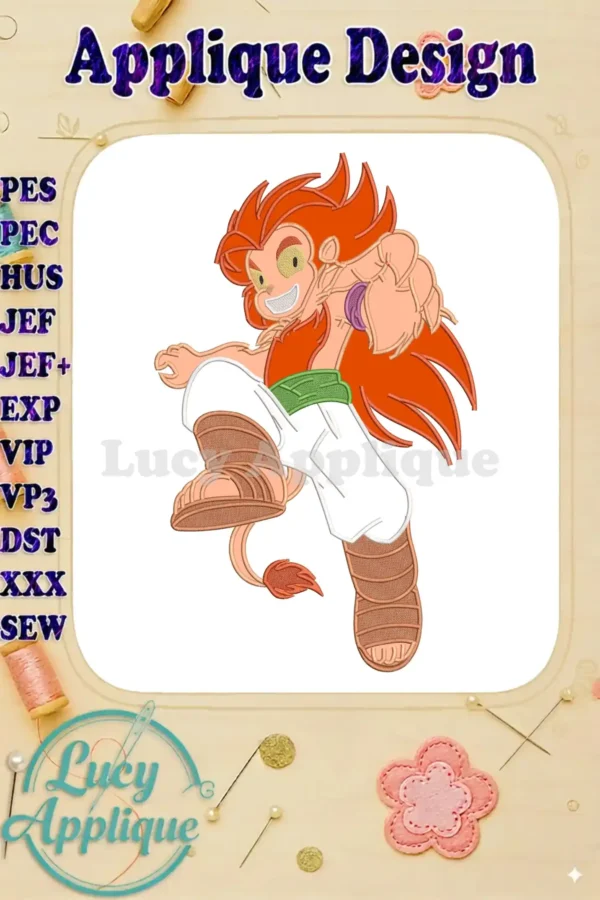 Dynamic legendary lion warrior applique design with fiery red mane, white pants, and a powerful, action-ready pose.
