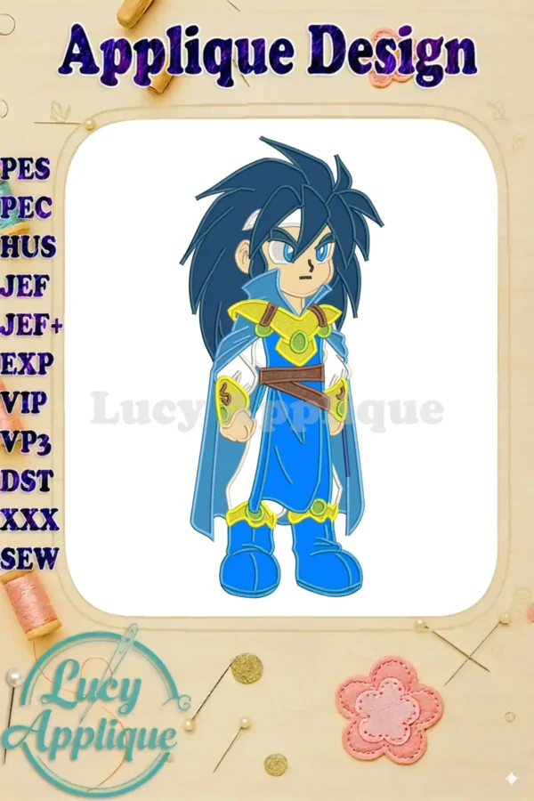 Full view of Kai Hiwatari applique embroidery design, featuring vibrant blues, gold, and white, showcasing intricate details.