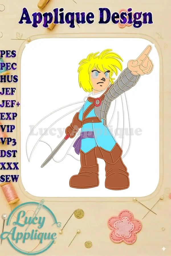 Vibrant Applique embroidery of a blonde legendary hero in a blue tunic, white cape, and armor, pointing heroically.