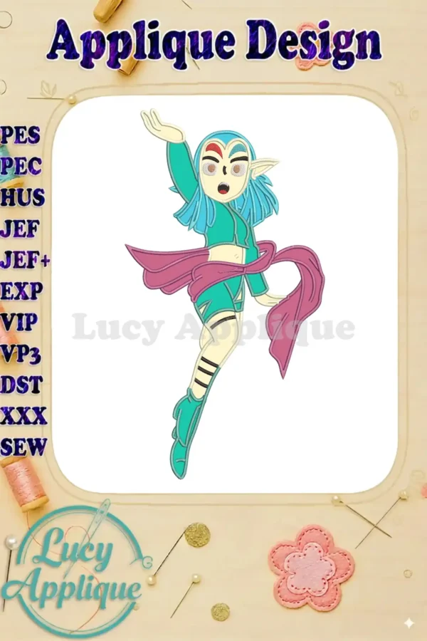 Vibrant applique embroidery of a blue-haired elf-like character from 'The Legendaries' collection, poised dynamically.