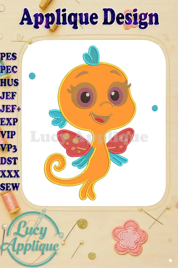 Vibrant orange Pout-Pout Fish character applique, smiling with blue and red wings, perfect for children's projects.