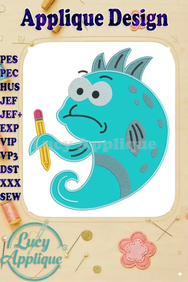 Mr. Fish, the Pout-Pout Fish character, in an applique design, thoughtfully holding a yellow pencil.