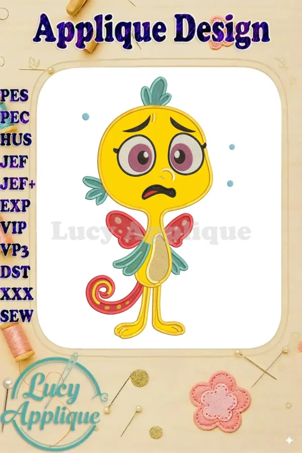 Vibrant Pout-Pout Fish character, Mr. Fish, applique embroidery design with his signature worried expression.