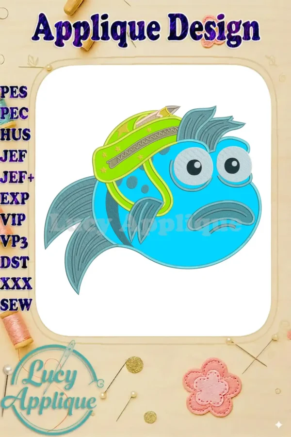 The Pout-Pout Fish applique embroidery design, featuring the character in a hat with stars and a zipper.