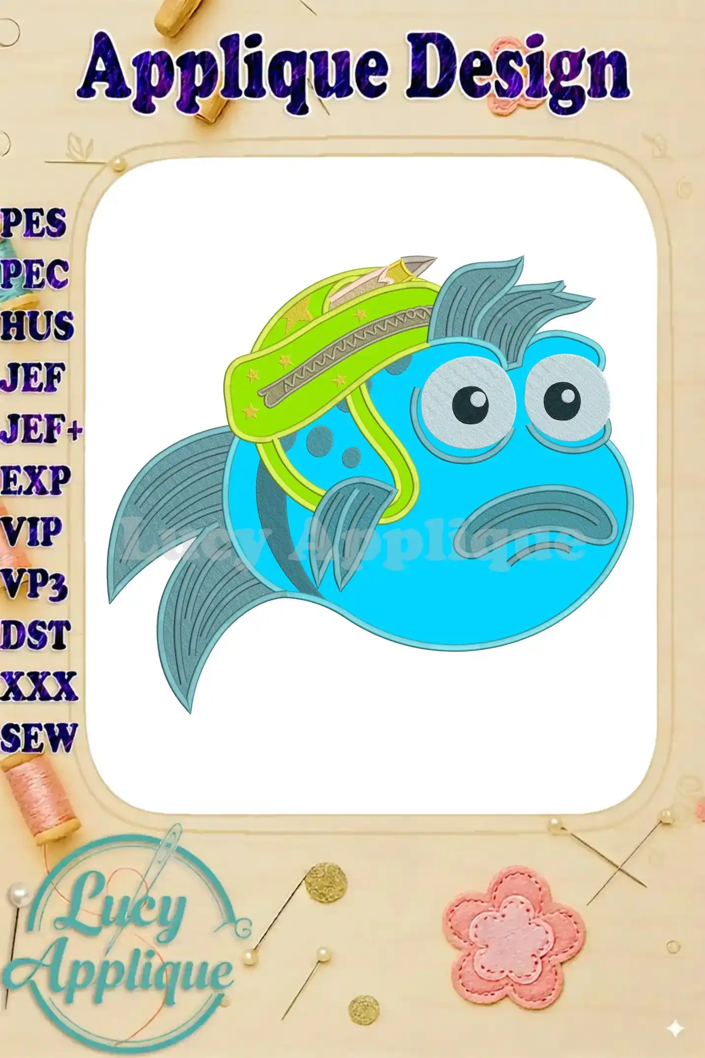 The Pout-Pout Fish applique embroidery design, featuring the character in a hat with stars and a zipper.