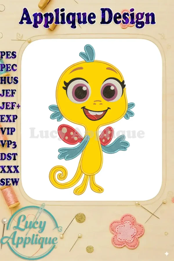 A vibrant applique embroidery design of Swimmy, the cheerful yellow character from The Pout-Pout Fish, smiling.