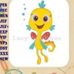 Happy yellow Pout-Pout Fish applique embroidery designs for kids - Instant Download